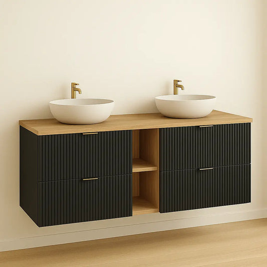 Eleganter Waschtischunterschrank Willy, 140 cm, in Schwarz/Walnuss, ideal für jedes Badezimmer.