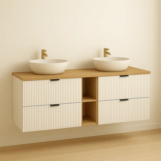 Waschtischunterschrank, 4 Schubladen 140 cm Willy, in Weiß mit Walnuss-Regal und Walnussplatte, modernes und stilvolles Badezimmermöbel.
