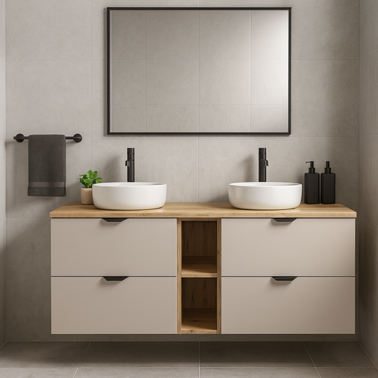 Wandhängendes Orio Badmöbel-Set 140 cm für Doppelwaschtisch mit zwei 60-cm-Waschbeckenunterschränken (je 2 Schubladen) und 20-cm-Regal, frei konfigurierbar.