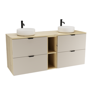 Wandhängender Waschbeckenunterschrank Orio (140 cm) für Doppelwaschtisch, zwei 60-cm-Unterschränke mit jeweils zwei Schubladen und 20-cm-Regal, modulare Anordnung möglich, modernes Design für Badezimmer.