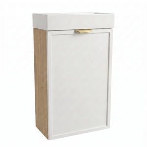 Waschtischunterschrank Roma 40 cm Weiß / Eiche Cremona mit Keramikwaschbecken, einer Tür und dekorativer Rahmenfront in Holzoptik