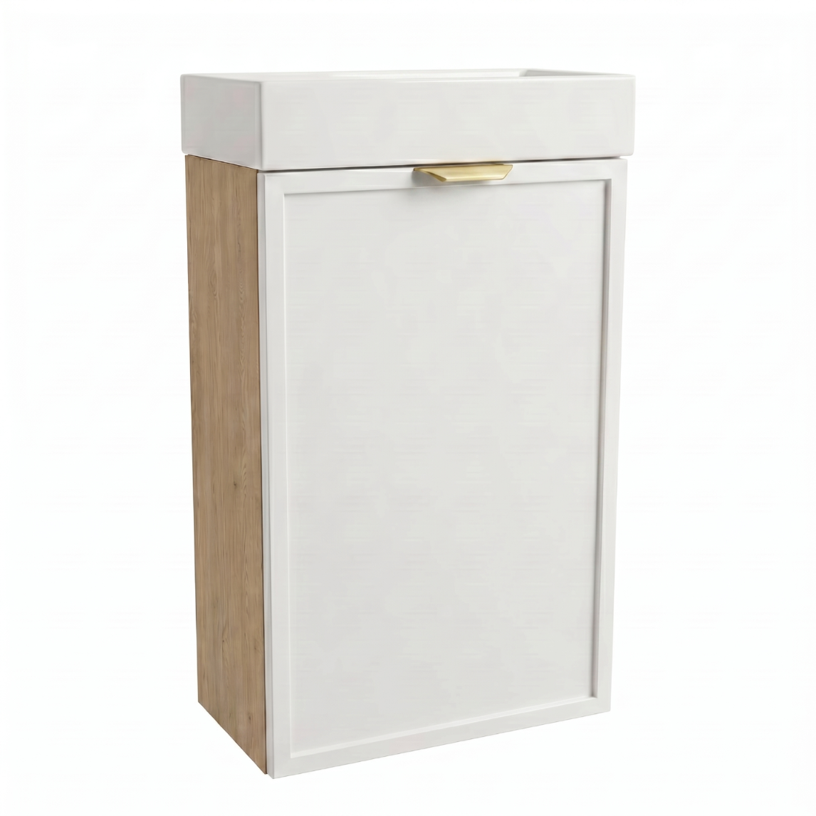 Waschtischunterschrank Roma 40 cm Weiß / Eiche Cremona mit Keramikwaschbecken, einer Tür und dekorativer Rahmenfront in Holzoptik