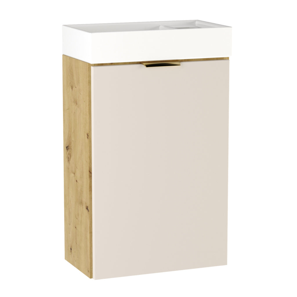 Waschtischunterschrank 40 cm Orio Kaschmir/Eiche Artisan mit einer Tür, goldenen Metallgriffen und integriertem Waschbecken – modernes Badezimmermöbel.