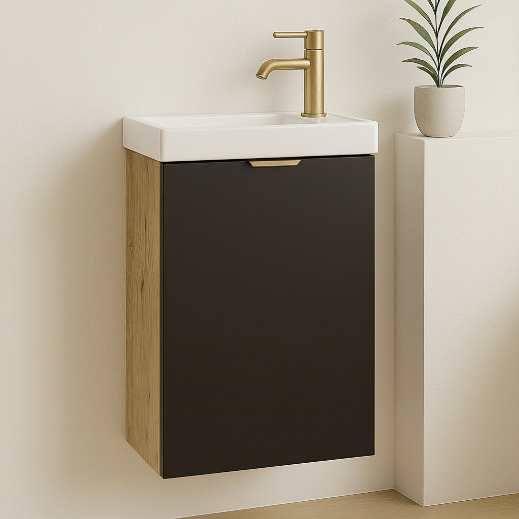 Waschtischunterschrank Orio 40 cm mit Waschbecken, schwarzer Front und Korpus in Eiche Artisan, modernes Möbel für kleine Badezimmer.