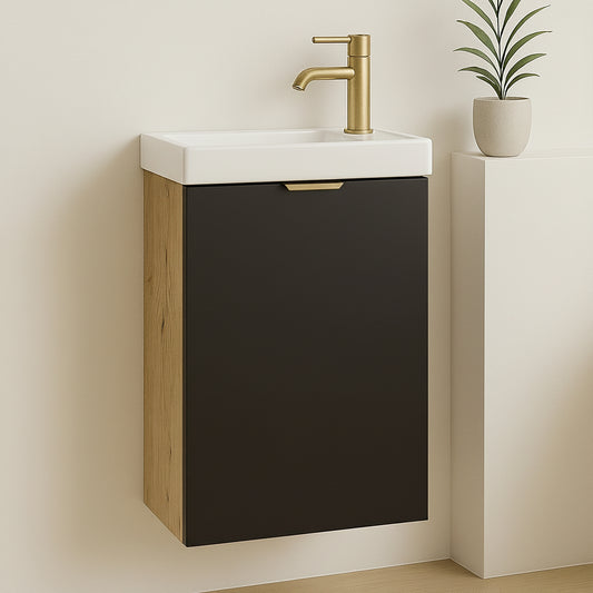 Waschtischunterschrank Orio 40 cm mit Waschbecken, schwarzer Front und Korpus in Eiche Artisan, modernes Möbel für kleine Badezimmer.
