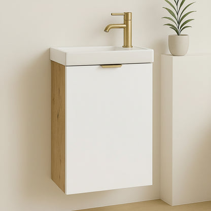 Waschtischunterschrank Orio 40 cm mit Waschbecken, weißen Fronten und Korpus in Eiche Artisan, modernes Möbel für kleine Badezimmer.