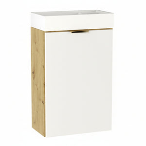 Waschtischunterschrank Orio 40 cm in Weiß/Eiche Artisan – kompakter, wandhängender Unterschrank mit 1 Tür, inkl. Waschbecken und Abflussventil in Silber, glatte Fronten, Metallgriff in gebürstetem Gold, ideale Lösung für kleine Badezimmer, Gäste-WCs oder Toilettenräume.