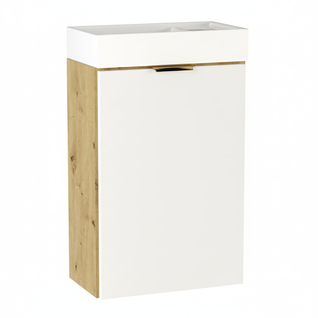 Waschtischunterschrank Orio 40 cm in Weiß/Eiche Artisan – kompakter, wandhängender Unterschrank mit 1 Tür, inkl. Waschbecken und Abflussventil in Silber, glatte Fronten, Metallgriff in gebürstetem Gold, ideale Lösung für kleine Badezimmer, Gäste-WCs oder Toilettenräume.