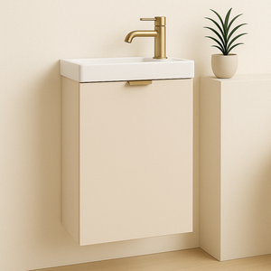 Waschtischunterschrank 40 cm Orio Kaschmir mit einer Tür, goldenen Griffen und integriertem Waschbecken – kompaktes und elegantes Möbelstück für kleine Badezimmer.