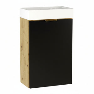 Waschtischunterschrank Orio 40 cm in Schwarz/Eiche Artisan – kompakter, wandhängender Unterschrank mit 1 Tür, inkl. Waschbecken und Überlaufventil, glatte Fronten, Metallgriff in gebürstetem Gold, ideal für kleine Badezimmer, Gäste-WCs oder Toilettenräume.