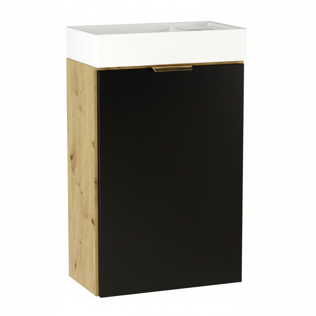 Waschtischunterschrank Orio 40 cm in Schwarz/Eiche Artisan – kompakter, wandhängender Unterschrank mit 1 Tür, inkl. Waschbecken und Überlaufventil, glatte Fronten, Metallgriff in gebürstetem Gold, ideal für kleine Badezimmer, Gäste-WCs oder Toilettenräume.