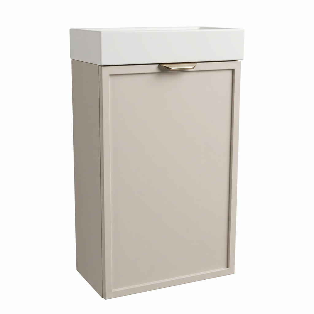 Waschtischunterschrank Roma 40 cm Kaschmir mit Keramikwaschbecken, einer Tür und modernem minimalistischen Design für Badezimmer