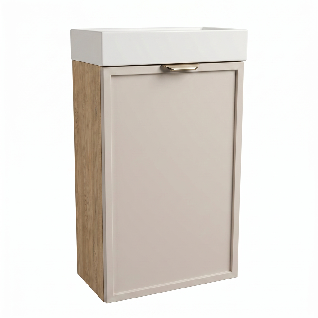 Waschtischunterschrank Roma 40 cm Kaschmir / Eiche Cremona mit Keramikwaschbecken, einer Tür und natürlichem Holzdesign für Badezimmer
