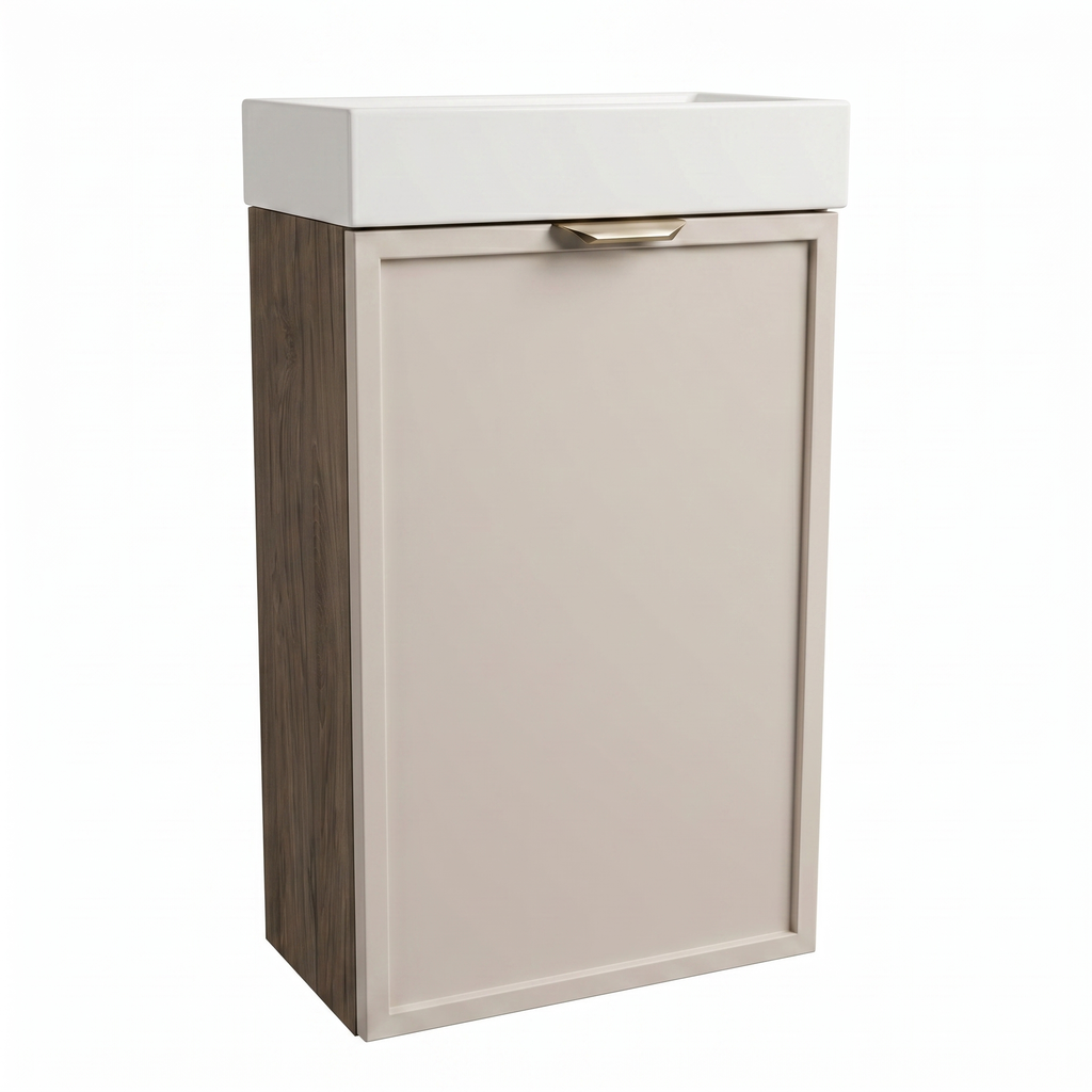 Waschtischunterschrank Roma 40 cm Kaschmir / Walnuss Dunkel mit Keramikwaschbecken, einer Tür und eleganter Holzoptik für Badezimmer