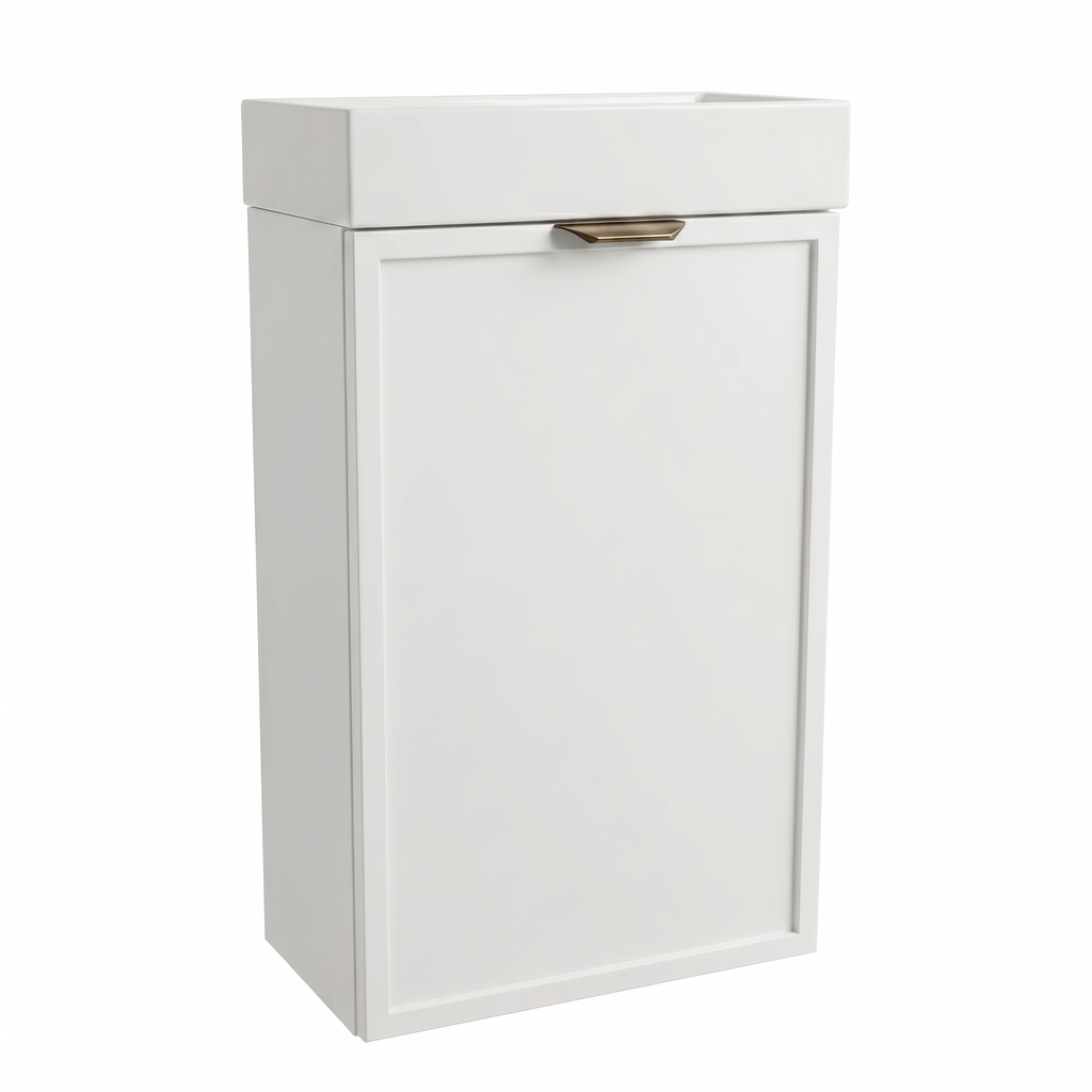 Waschtischunterschrank Roma 40 cm Weiß mit Keramikwaschbecken, einer Tür und dekorativer Rahmenfront für kleine Badezimmer