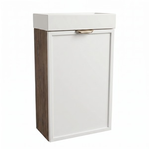 Waschtischunterschrank Roma 40 cm Weiß / Walnuss Dunkel mit Keramikwaschbecken, einer Tür und modernem kontrastreichem Design