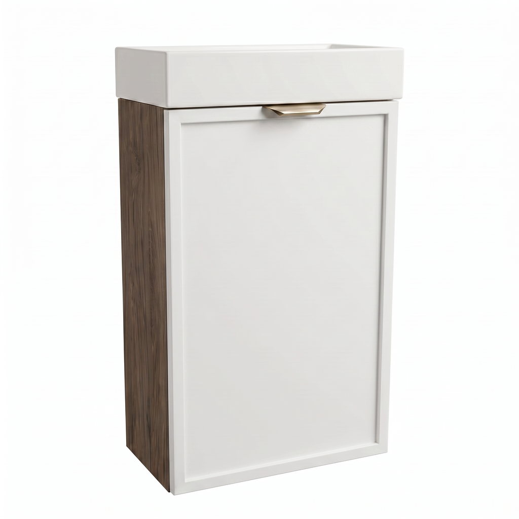Waschtischunterschrank Roma 40 cm Weiß / Walnuss Dunkel mit Keramikwaschbecken, einer Tür und modernem kontrastreichem Design