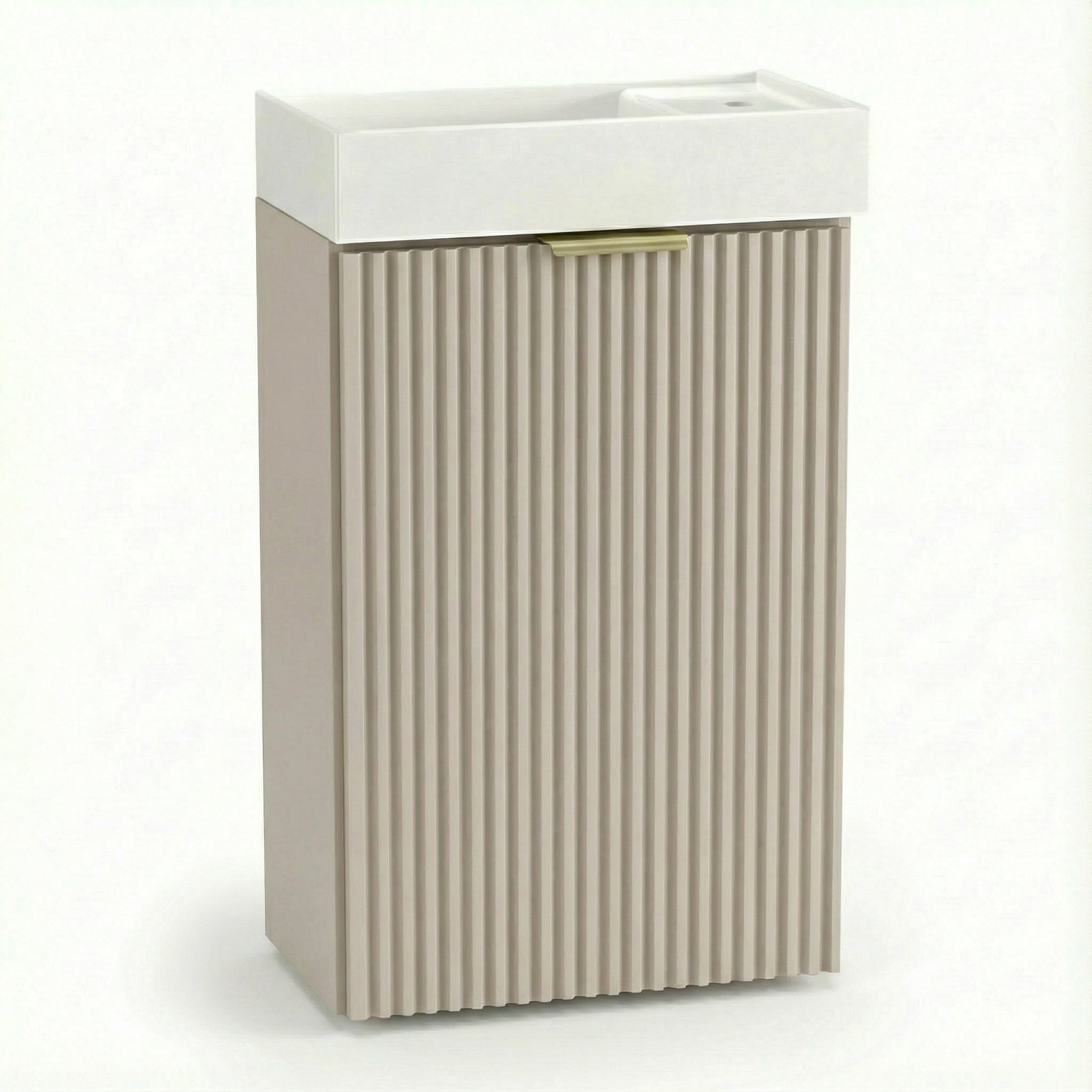 Waschtischunterschrank 40 cm Willy in Kaschmir mit keramischem Waschbecken, kompakter Badezimmer-Unterschrank für kleine Räume, geriffelte Fronten, eleganter moderner Stil, funktionaler Stauraum, ideal für Gäste-WC oder kleines Badezimmer.