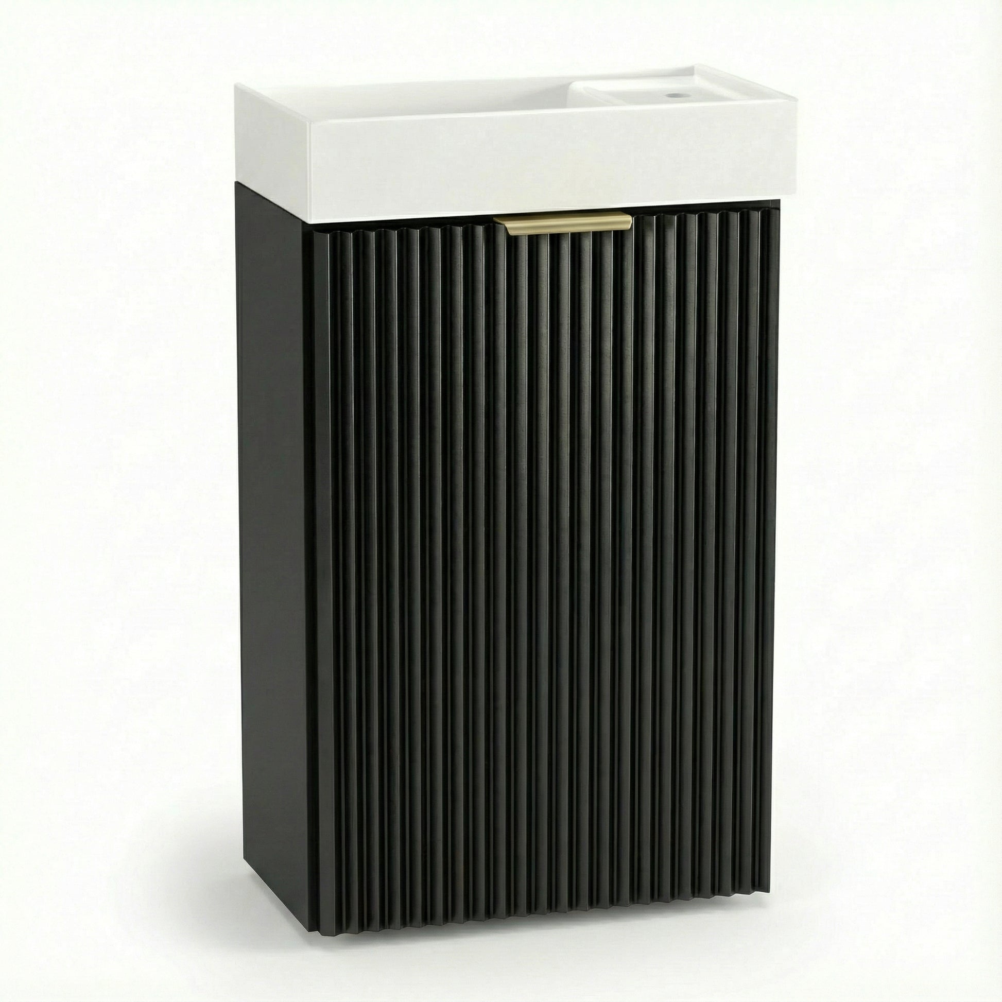 Waschtischunterschrank 40 cm Willy in Schwarz mit keramischem Waschbecken, kompakter Badezimmer-Unterschrank für kleine Bäder oder Gäste-WC, modernes Design, geriffelte Fronten, praktischer Stauraum für Badutensilien, elegante und platzsparende Lösung.