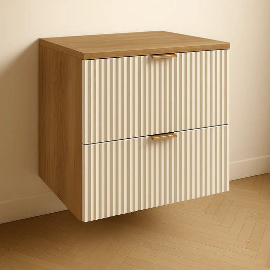 Waschtischunterschrank 60 cm Willy, in Kaschmir/Walnuss, funktionales und stilvolles Möbelstück für jedes Badezimmer.