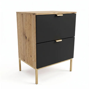 Waschtischunterschrank Orio 60 cm in Schwarz und Eiche Artisan mit Metallgestell, zwei Soft-Close-Schubladen und modernem Design für Badezimmer
