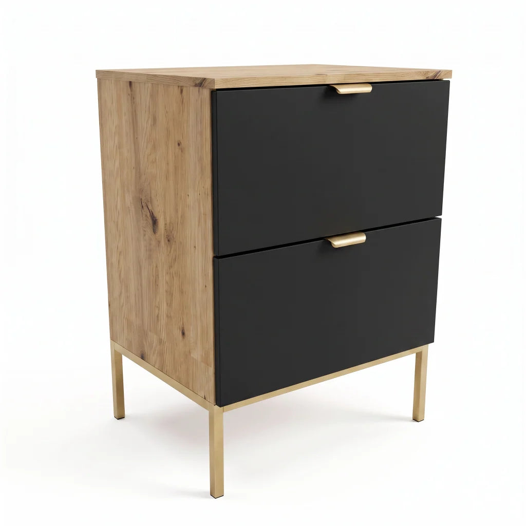 Waschtischunterschrank Orio 60 cm in Schwarz und Eiche Artisan mit Metallgestell, zwei Soft-Close-Schubladen und modernem Design für Badezimmer
