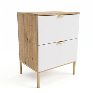 Waschtischunterschrank Orio 60 cm in Weiß und Eiche Artisan mit Metallgestell, zwei Soft-Close-Schubladen und modernem Design für Badezimmer