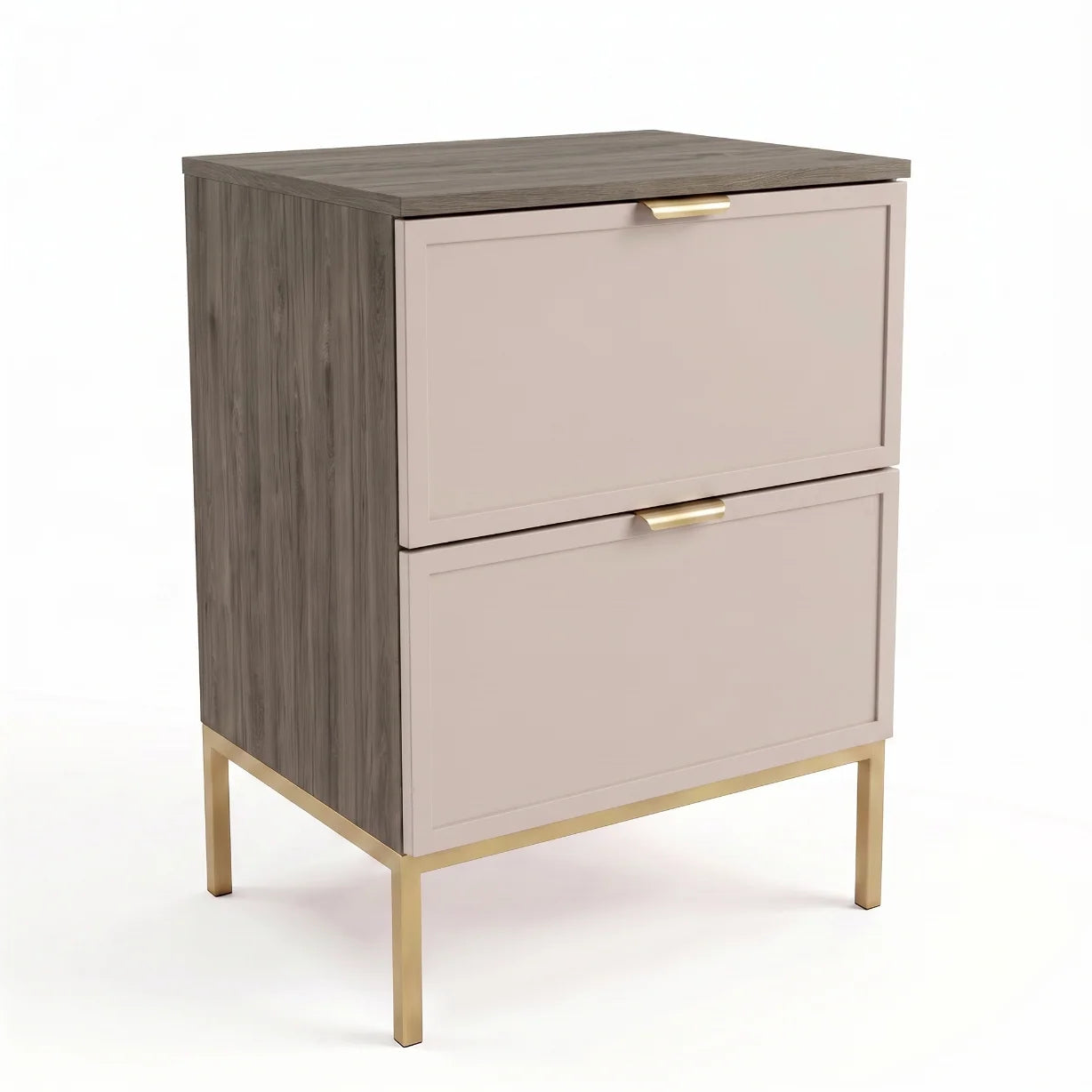 Waschtischunterschrank Roma 60 cm in Kaschmir und Walnuss Dunkel mit Metallgestell, zwei Soft-Close-Schubladen und dekorativen Rahmenfronten für Badezimmer