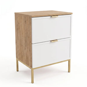 Waschtischunterschrank Roma 60 cm in Weiß und Eiche Cremona mit Metallgestell, zwei Soft-Close-Schubladen und dekorativen Rahmenfronten für Badezimmer