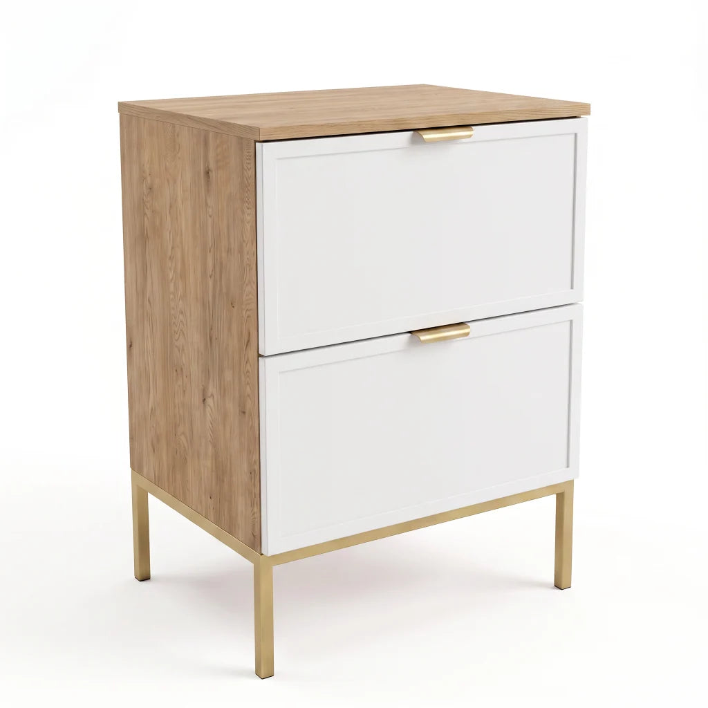 Waschtischunterschrank Roma 60 cm in Weiß und Eiche Cremona mit Metallgestell, zwei Soft-Close-Schubladen und dekorativen Rahmenfronten für Badezimmer