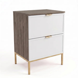 Waschtischunterschrank Roma 60 cm in Weiß und Walnuss Dunkel mit Metallgestell, zwei Soft-Close-Schubladen und dekorativen Rahmenfronten für Badezimmer