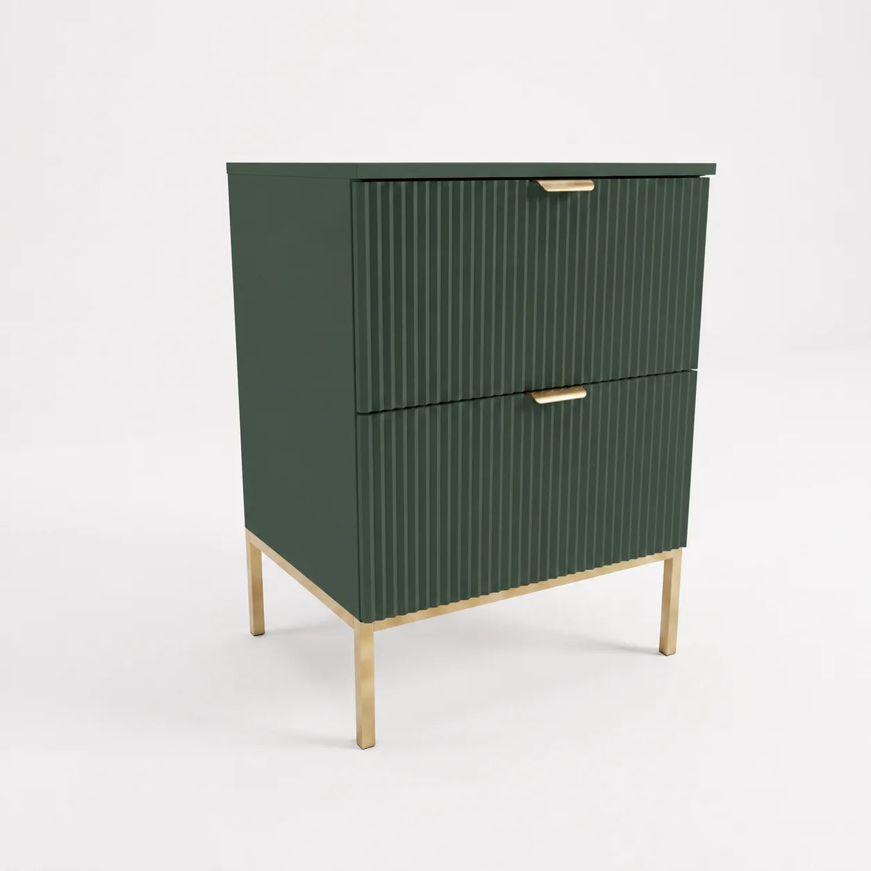 Salbeigrüner Waschtischunterschrank Willy 60 cm mit Metallgestell, zwei Soft-Close-Schubladen und geriffelten Fronten für moderne Badezimmer