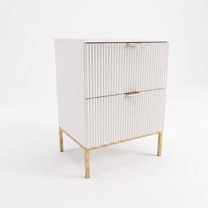 Weißer Waschtischunterschrank Willy 60 cm mit Metallgestell, zwei Soft-Close-Schubladen und geriffelten Fronten für moderne Badezimmer