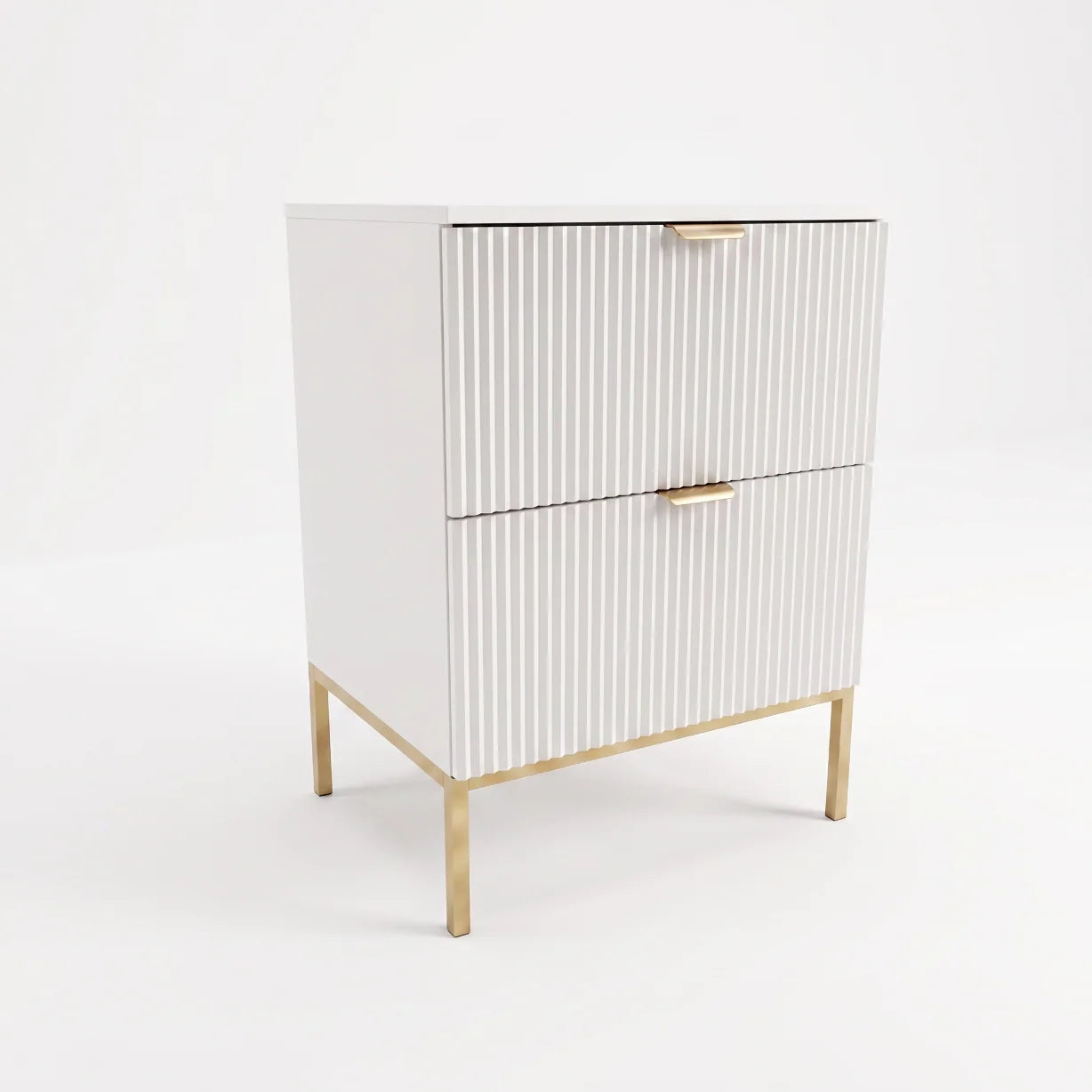 Weißer Waschtischunterschrank Willy 60 cm mit Metallgestell, zwei Soft-Close-Schubladen und geriffelten Fronten für moderne Badezimmer