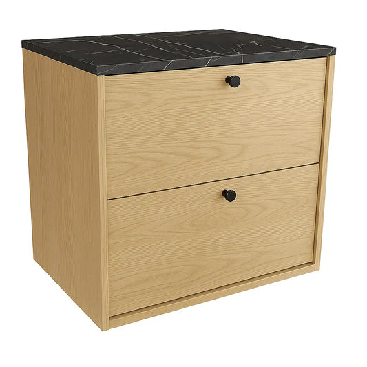 Belino Waschtischunterschrank 60 cm in Eiche Cremona mit Marmor Schwarz Arbeitsplatte, 2 Schubladen, Metallknöpfe schwarz oder gold
