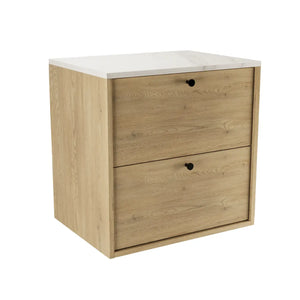 Belino Waschtischunterschrank 60 cm in Eiche Cremona mit Marmor Bianco Arbeitsplatte, 2 Schubladen, Metallknöpfe schwarz oder gold.