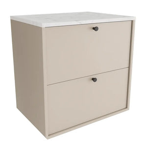 Belino Waschtischunterschrank 60 cm in Kaschmir mit Marmor Bianco Arbeitsplatte, 2 Schubladen, Metallknöpfe schwarz oder gold