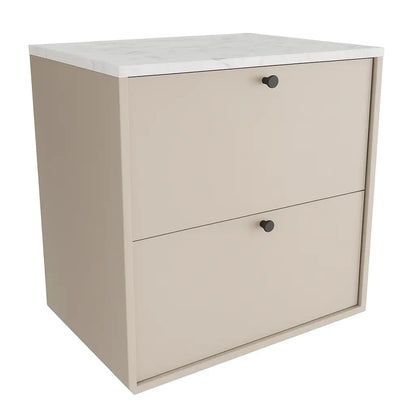 Belino Waschtischunterschrank 60 cm in Kaschmir mit Marmor Bianco Arbeitsplatte, 2 Schubladen, Metallknöpfe schwarz oder gold