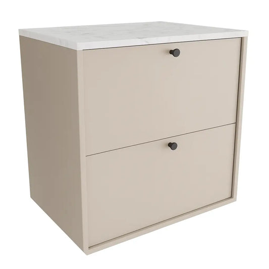 Belino Waschtischunterschrank 60 cm in Kaschmir mit Marmor Bianco Arbeitsplatte, 2 Schubladen, Metallknöpfe schwarz oder gold