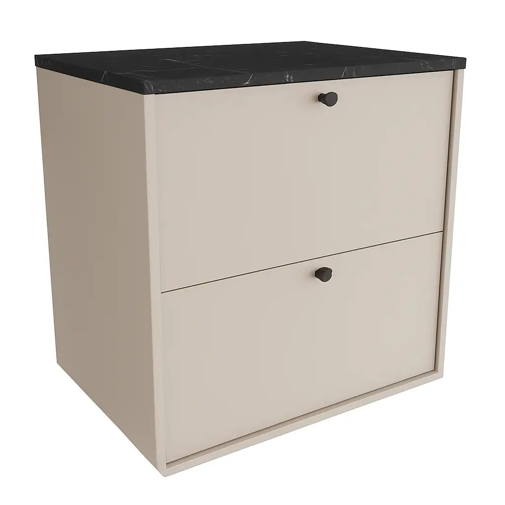 Belino Waschtischunterschrank 60 cm in Kaschmir mit Marmor Schwarz Arbeitsplatte, 2 Schubladen, Metallknöpfe schwarz oder gold