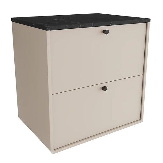 Belino Waschtischunterschrank 60 cm in Kaschmir mit Marmor Schwarz Arbeitsplatte, 2 Schubladen, Metallknöpfe schwarz oder gold