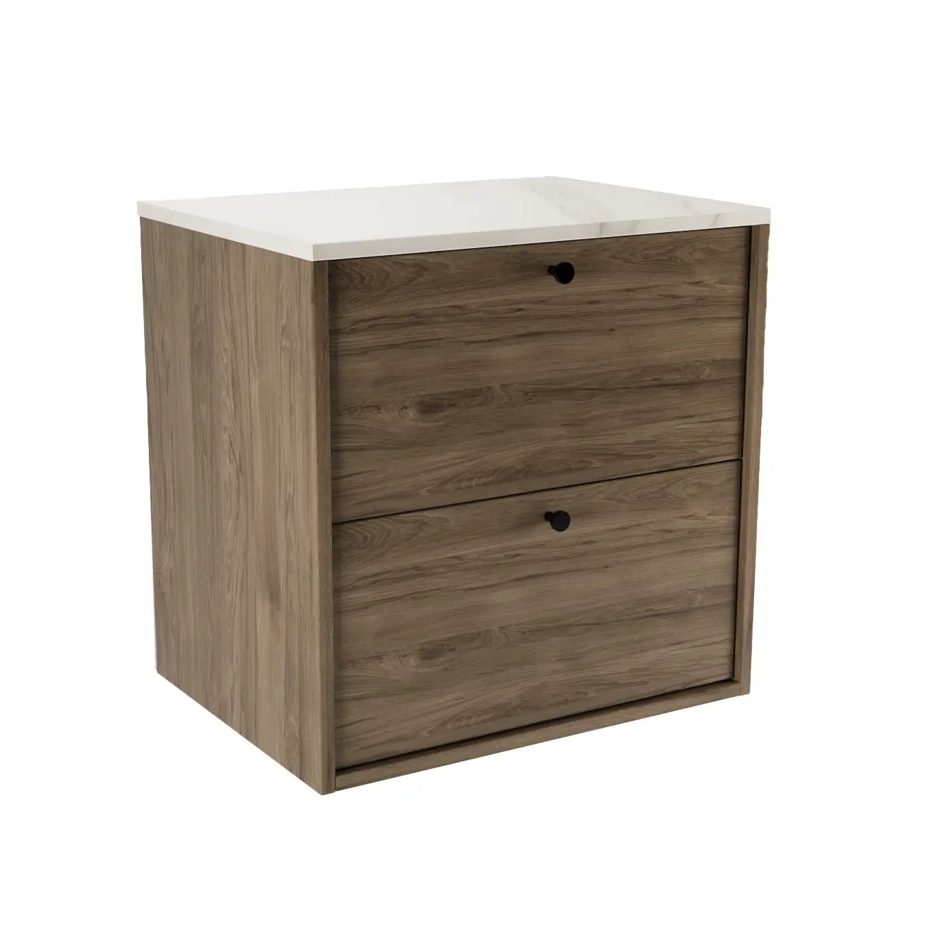 Belino Waschtischunterschrank 60 cm in Walnuss Dunkel mit Marmor Bianco Arbeitsplatte, 2 Schubladen, Metallknöpfe schwarz oder gold.