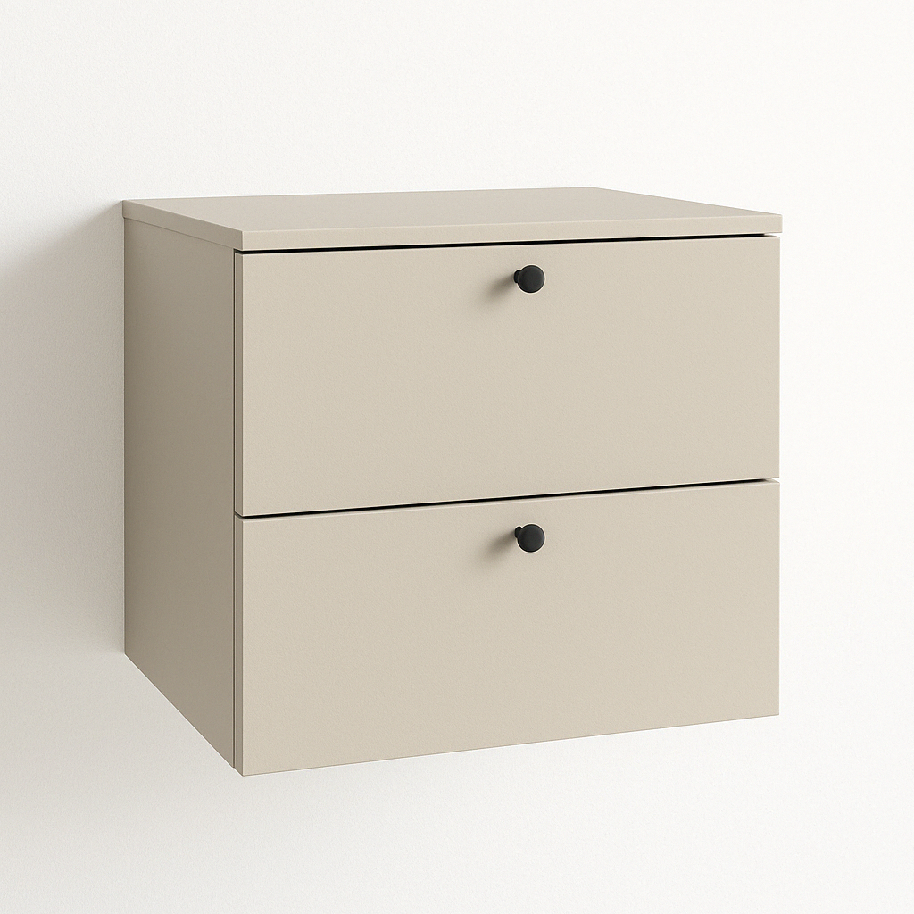 Waschtischunterschrank 60 cm Beti in Kaschmir mit glatten Fronten, zwei Schubladen und Metallgriffen – modernes Badmöbel mit Soft-Close.