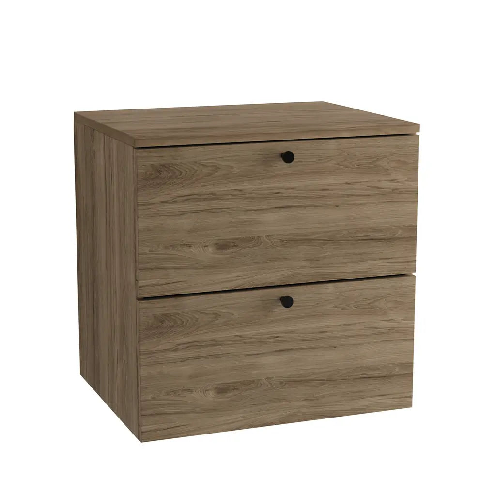 Waschtischunterschrank Beti 60 cm mit glatten Fronten in Walnuss Dunkel – klassisch-moderner Look mit zwei Schubladen und Metallgriffen.
