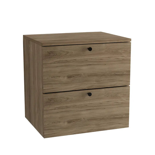 Waschtischunterschrank Beti 60 cm mit glatten Fronten in Walnuss Dunkel – klassisch-moderner Look mit zwei Schubladen und Metallgriffen.