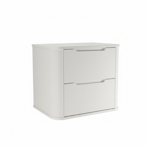 Weißer Waschtischunterschrank Luma 60 cm, modern abgerundet mit zwei Schubladen für ein helles Badezimmer-Ambiente.