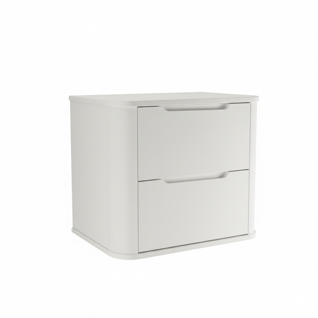 Weißer Waschtischunterschrank Luma 60 cm, modern abgerundet mit zwei Schubladen für ein helles Badezimmer-Ambiente.