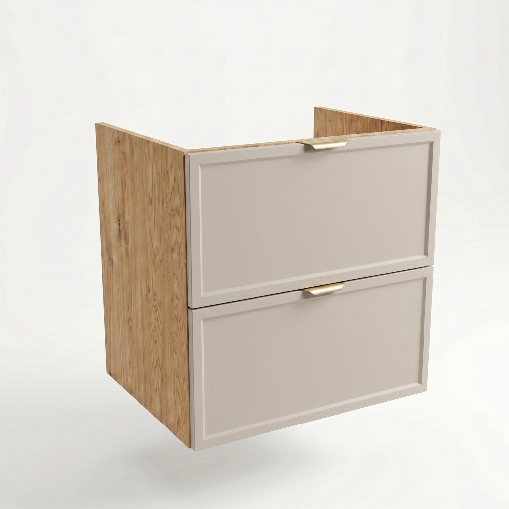 Waschtischunterschrank Roma 60 cm Kaschmir / Eiche Cremona ohne Oberteil – moderner Badschrank mit Holzoptik
