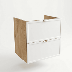 Waschtischunterschrank Roma 60 cm Weiß / Eiche Cremona ohne Oberteil – moderner Badschrank mit Schubladen und Holzoptik