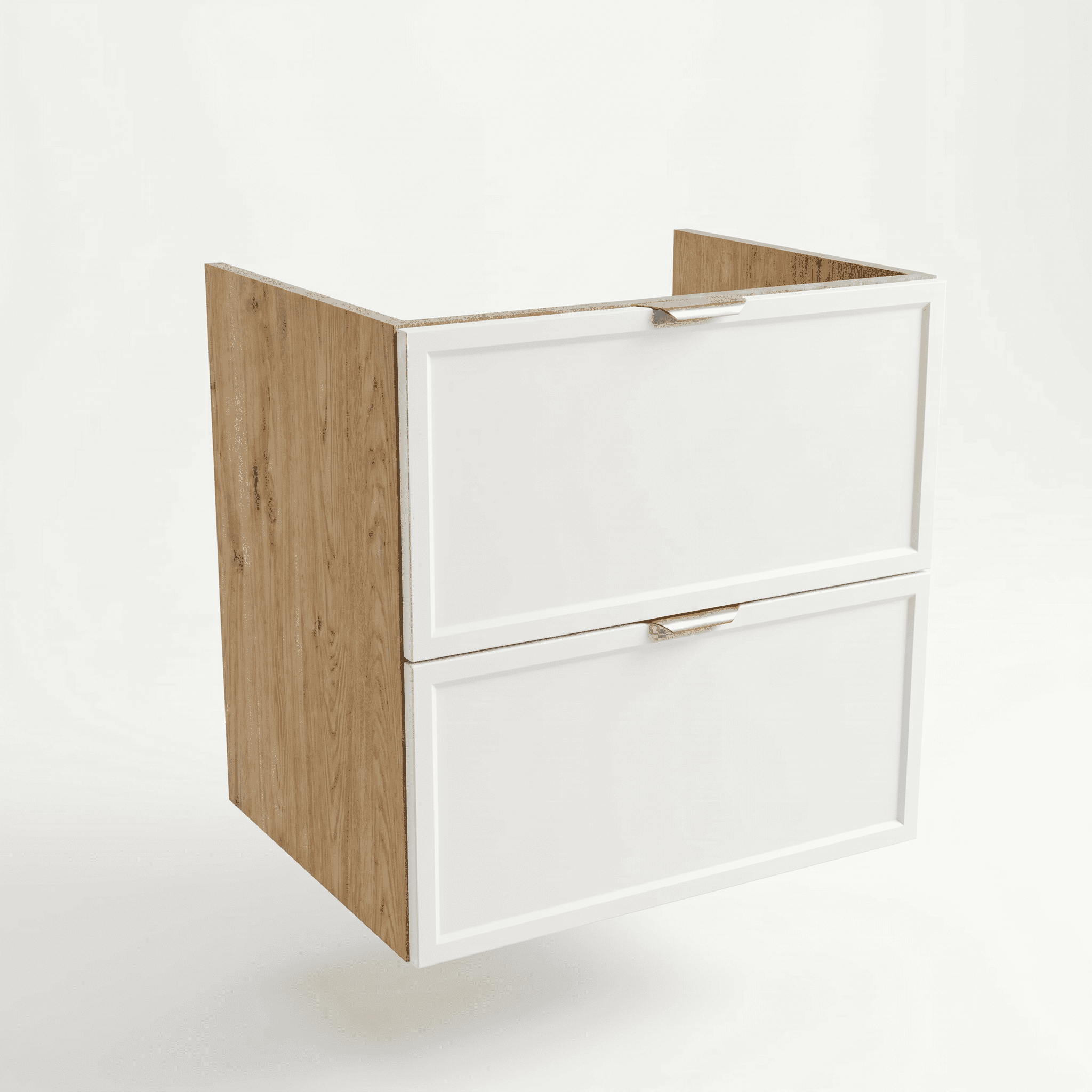 Waschtischunterschrank Roma 60 cm Weiß / Eiche Cremona ohne Oberteil – moderner Badschrank mit Schubladen und Holzoptik
